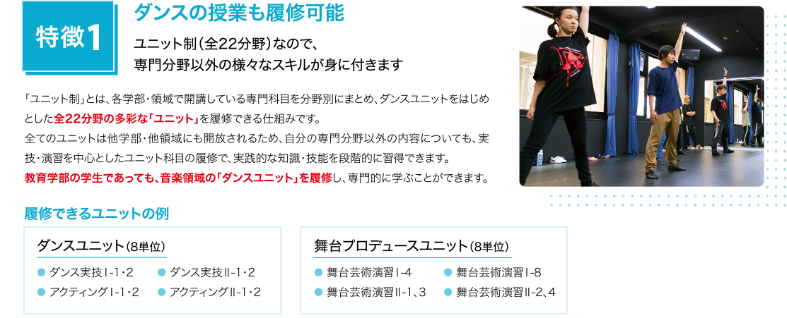 特徴1 ダンスの授業も履修可能 ユニット制（全22分野）なので、専門分野以外の様々なスキルが身に付きます